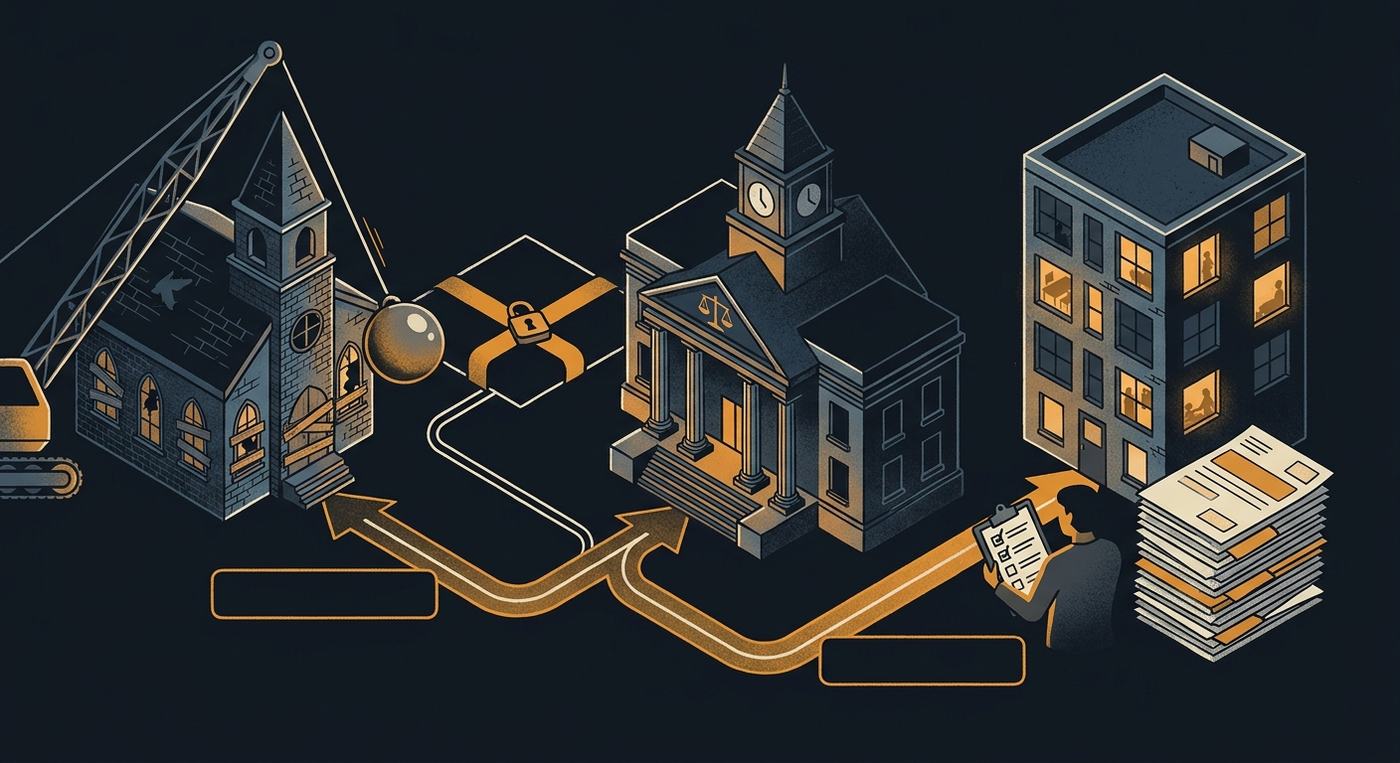 Two tracks: a dangerous, abandoned building goes to demolition (and the city places a lien on the land); an occupied building in poor shape goes through citations and court.